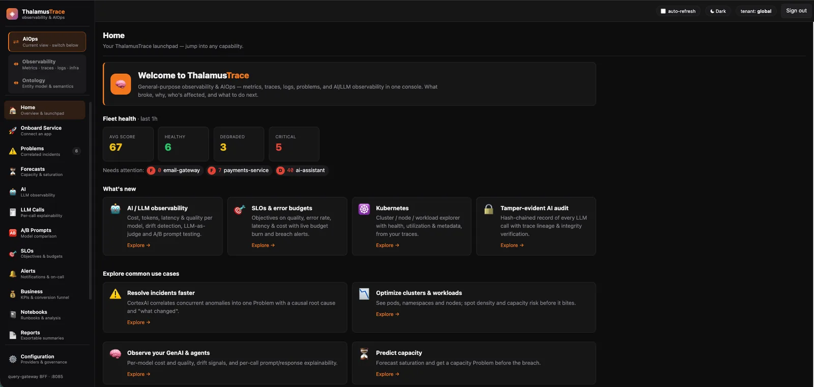 ThalamusTrace home: fleet health scores, services needing attention, and capability cards.